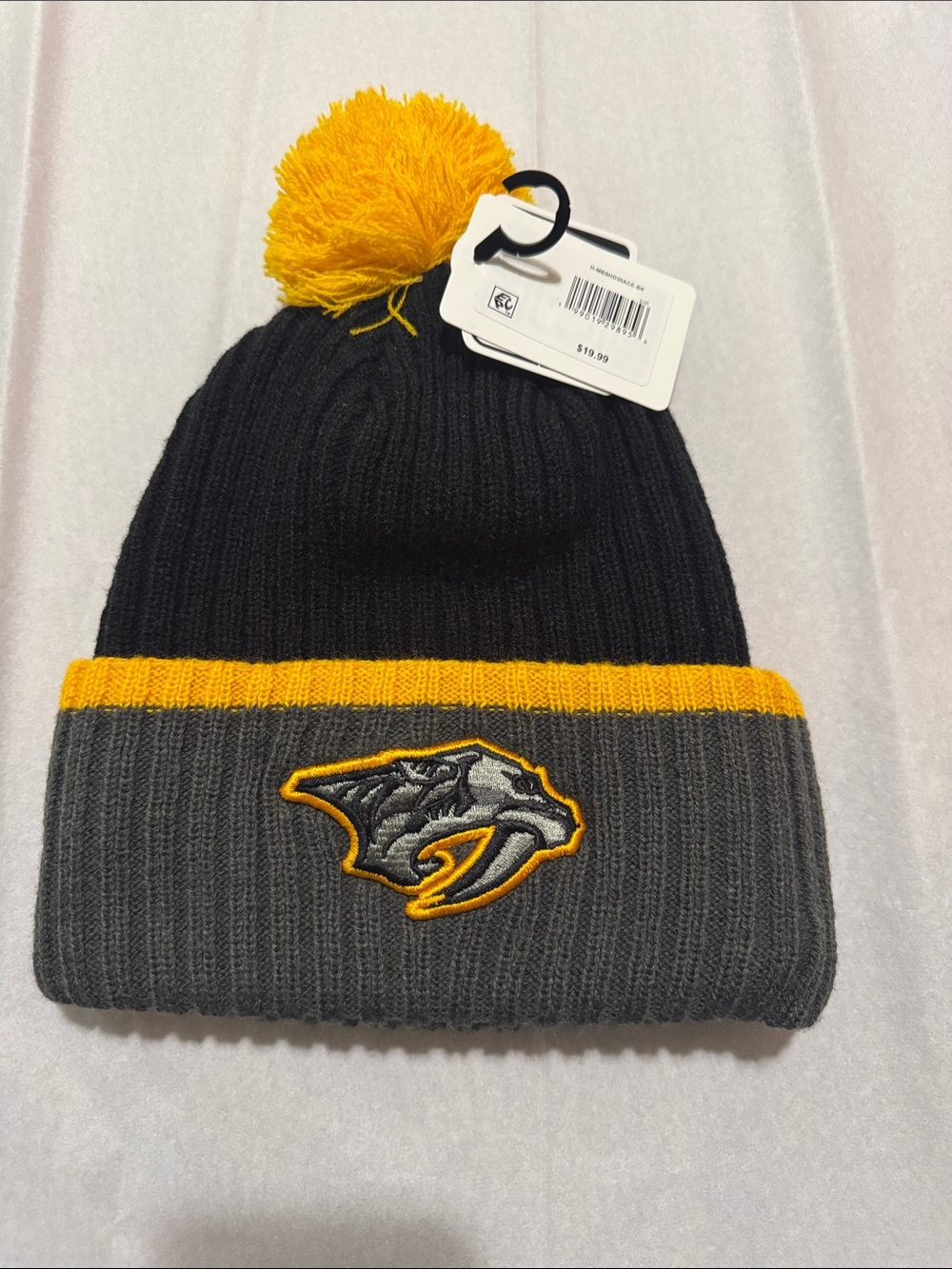 NHL Nashville Black, Gray & Yellow Pom Cuffed Beanie with Embroidered Patch